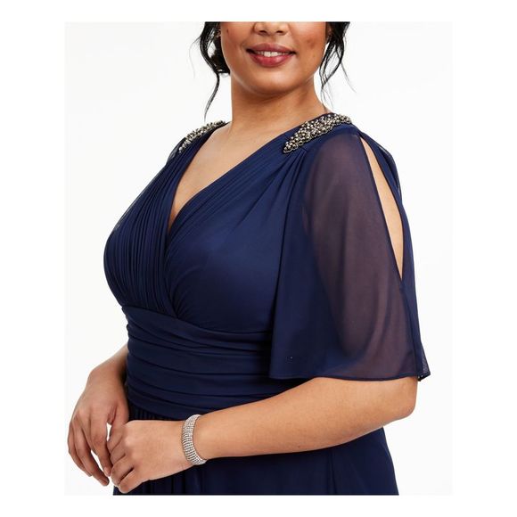 SLNY Womens Navy Short Sleeve Knee Length Evening Fit + Flare Dress Plus 20W - Picture 3 of 4